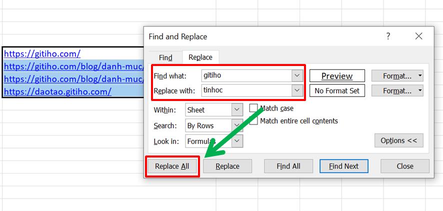 Thay thế chuỗi văn bản trong hyperlink bằng Find & Replace trong Excel